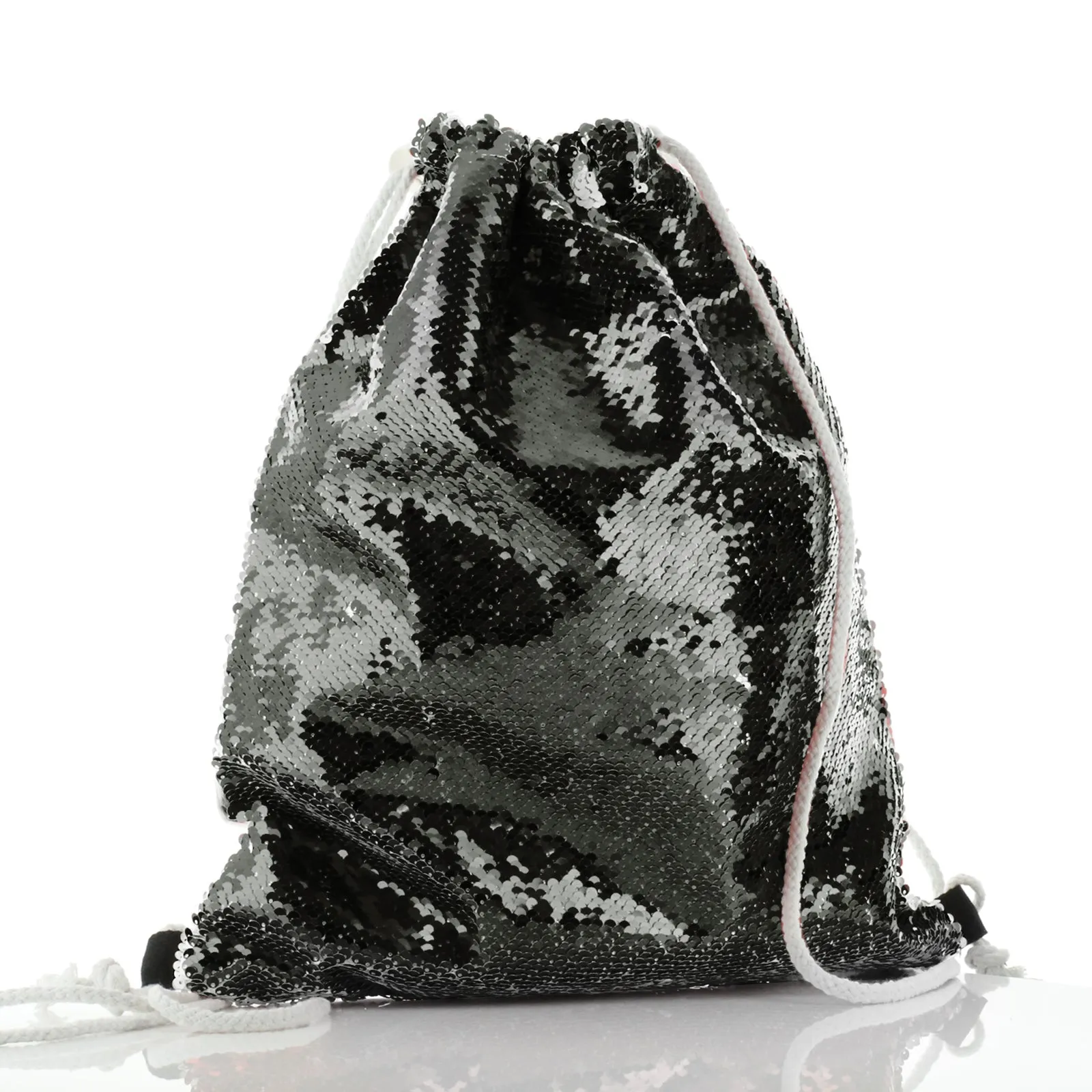 Personalised Sequin Drawstring Backpack with Alpaca Unicorn with Rainbow Hair Hearts Stars and Cute Text