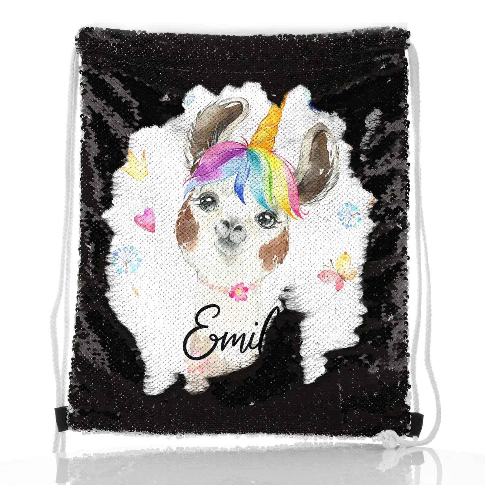 Personalised Sequin Drawstring Backpack with Alpaca Unicorn with Rainbow Hair Hearts Stars and Cute Text