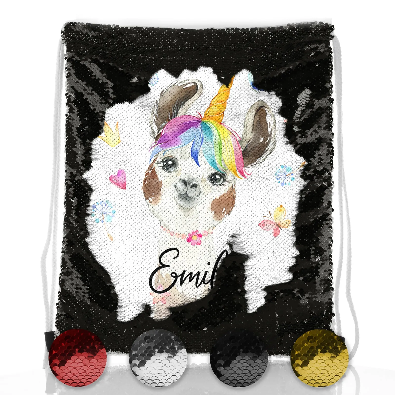 Personalised Sequin Drawstring Backpack with Alpaca Unicorn with Rainbow Hair Hearts Stars and Cute Text