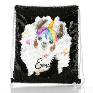 Personalised Sequin Drawstring Backpack with Alpaca Unicorn with Rainbow Hair Hearts Stars and Cute Text