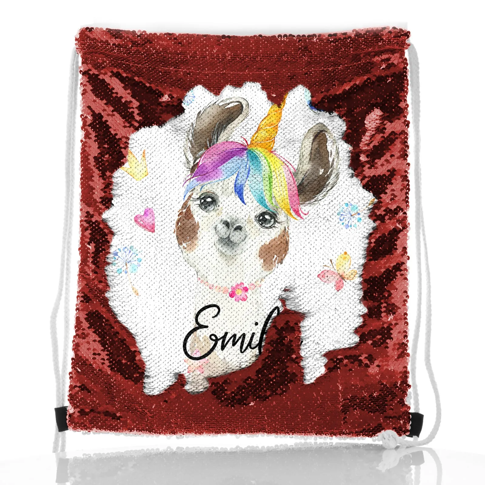 Personalised Sequin Drawstring Backpack with Alpaca Unicorn with Rainbow Hair Hearts Stars and Cute Text