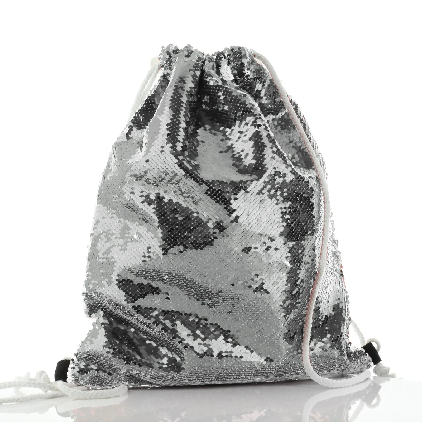 Personalised Sequin Drawstring Backpack with Alpaca Unicorn with Rainbow Hair Hearts Stars and Cute Text