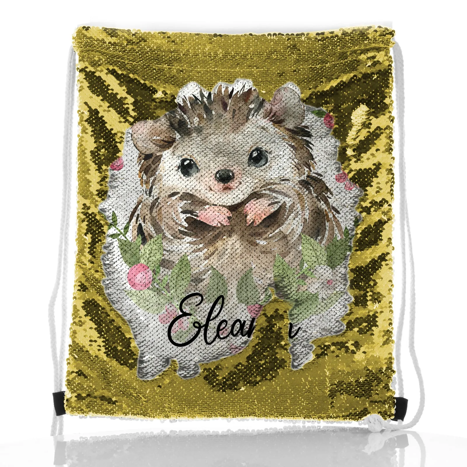 Personalised Sequin Drawstring Backpack with Hedgehog Pink Flowers and Cute Text