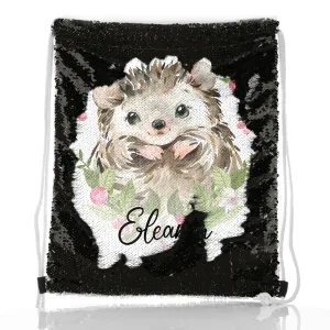 Personalised Sequin Drawstring Backpack with Hedgehog Pink Flowers and Cute Text