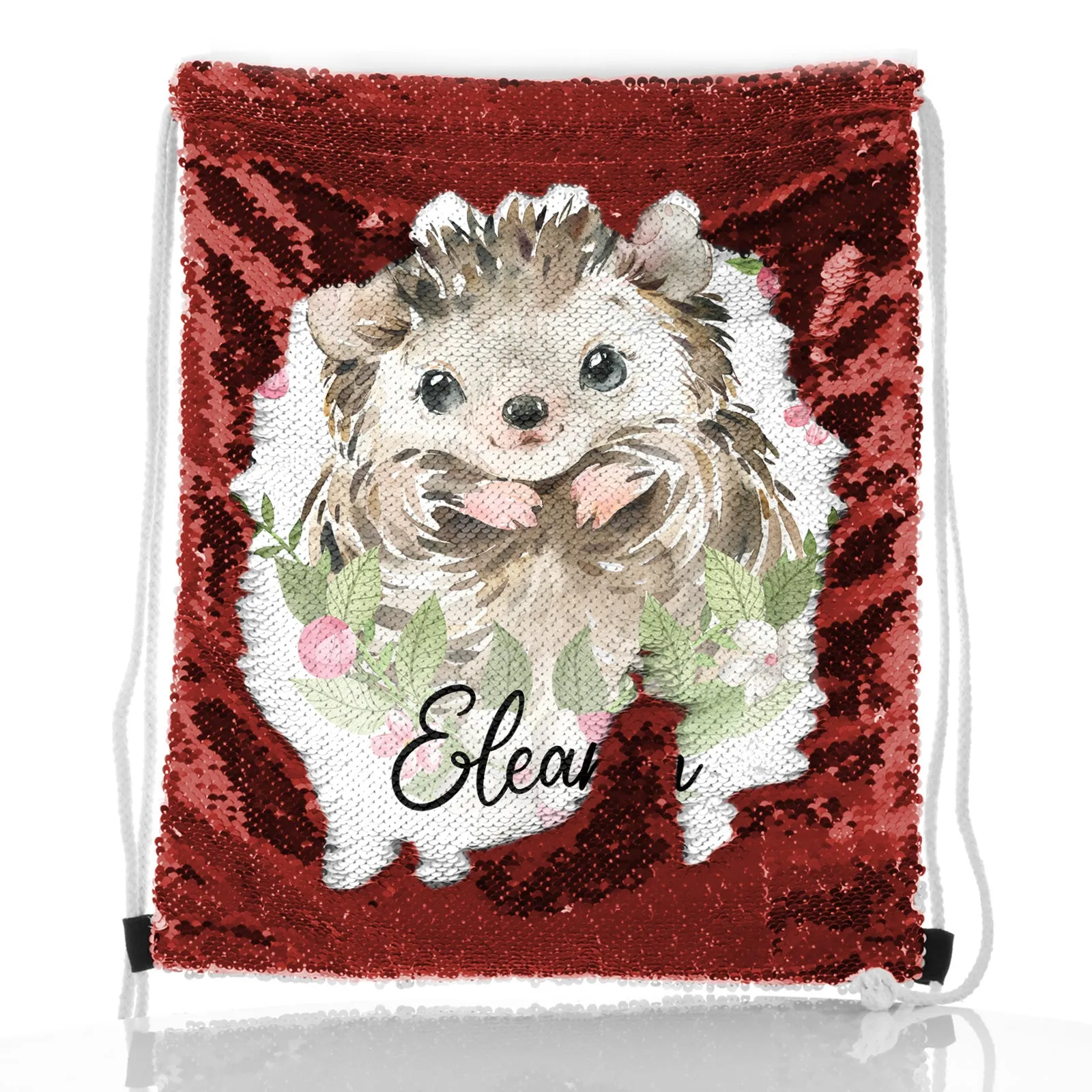 Personalised Sequin Drawstring Backpack with Hedgehog Pink Flowers and Cute Text