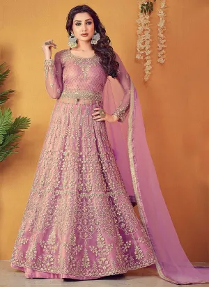 Pink Floral Embroidered Designer Lehenga Style Anarkali