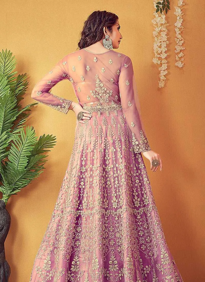 Pink Floral Embroidered Designer Lehenga Style Anarkali