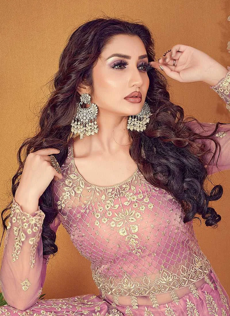 Pink Floral Embroidered Designer Lehenga Style Anarkali