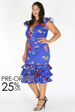 Plus Size Weekend Ruffle Floral Cap Sleeves Dress [PRE-ORDER 25% OFF]