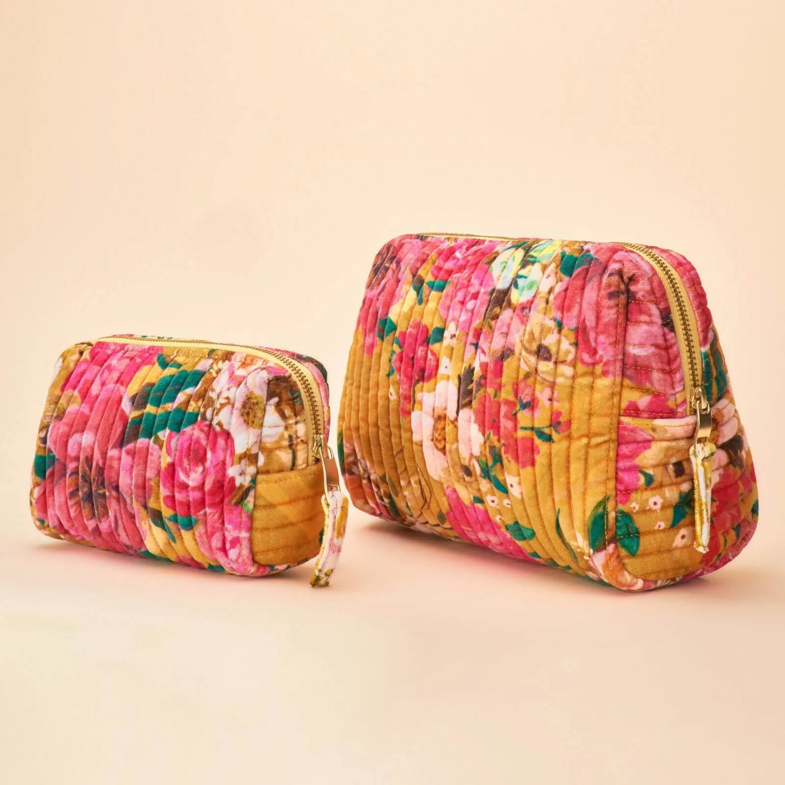 Powder Impressionist Floral Quilted Printed Velvet Wash Bag - Mustard