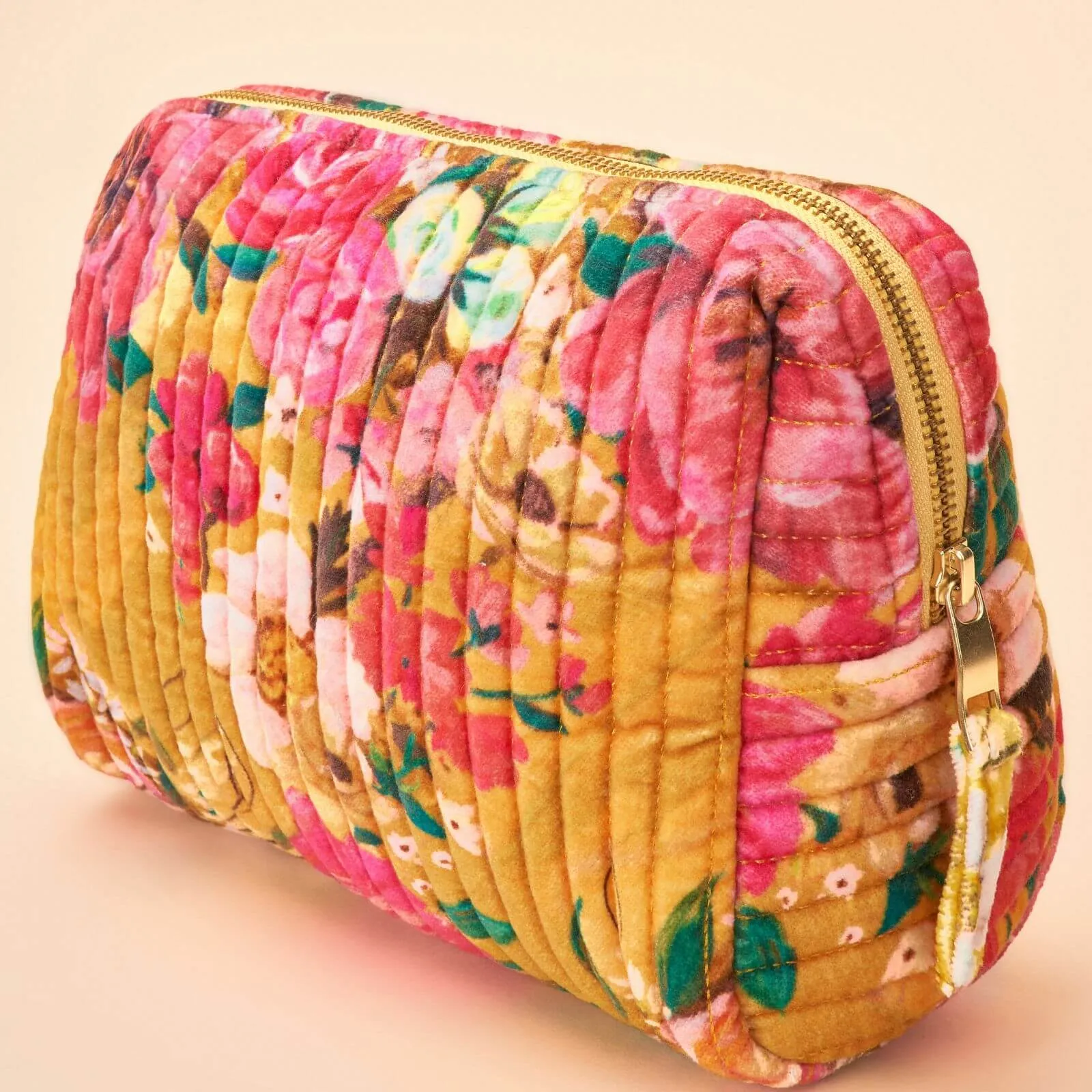 Powder Impressionist Floral Quilted Printed Velvet Wash Bag - Mustard