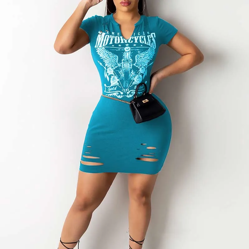 Print Short Sleeve Cut Out Bodycon Dress