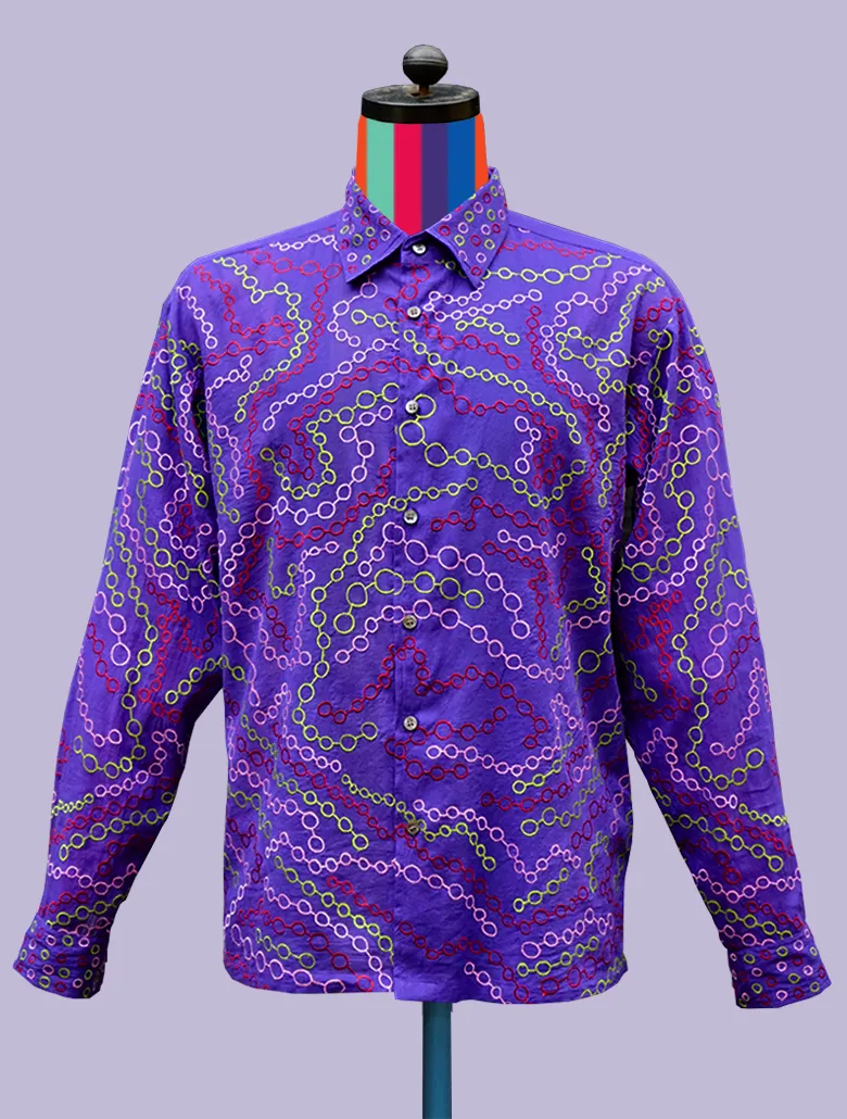 Purple Cotton Shirt with Chain Link Embroidery