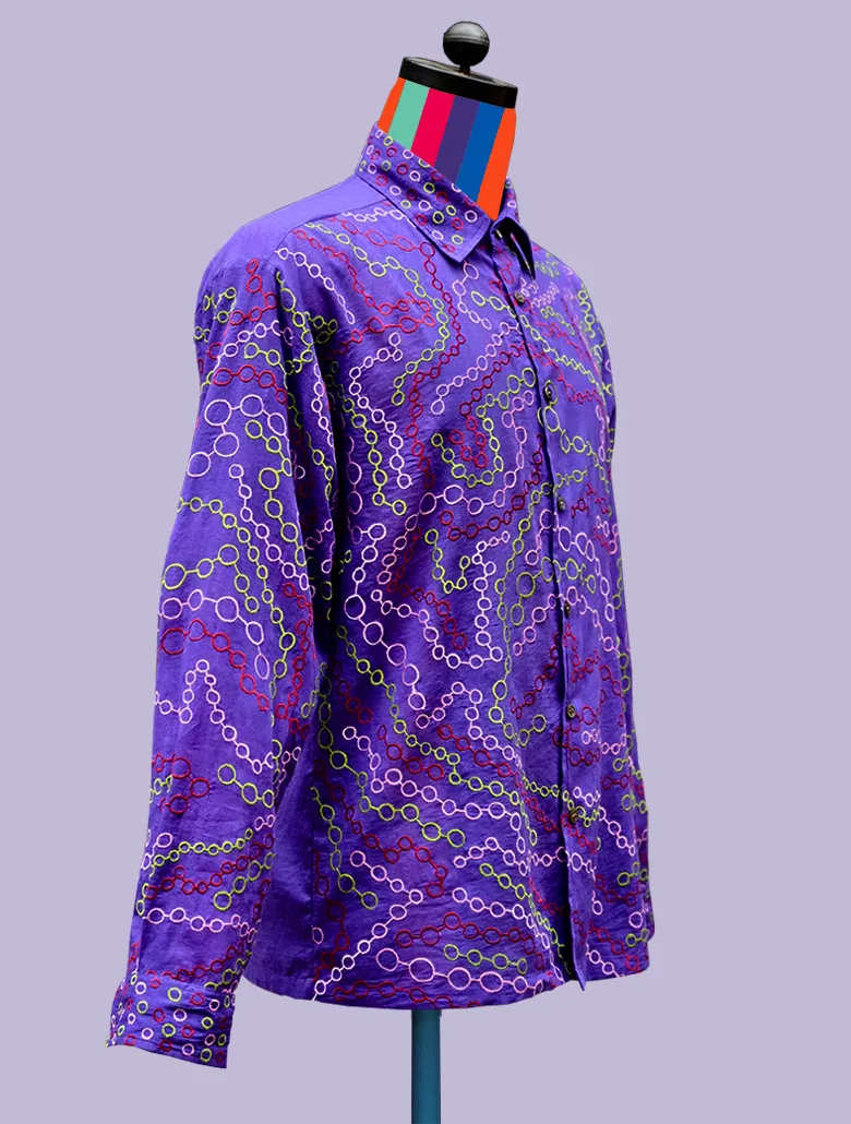 Purple Cotton Shirt with Chain Link Embroidery