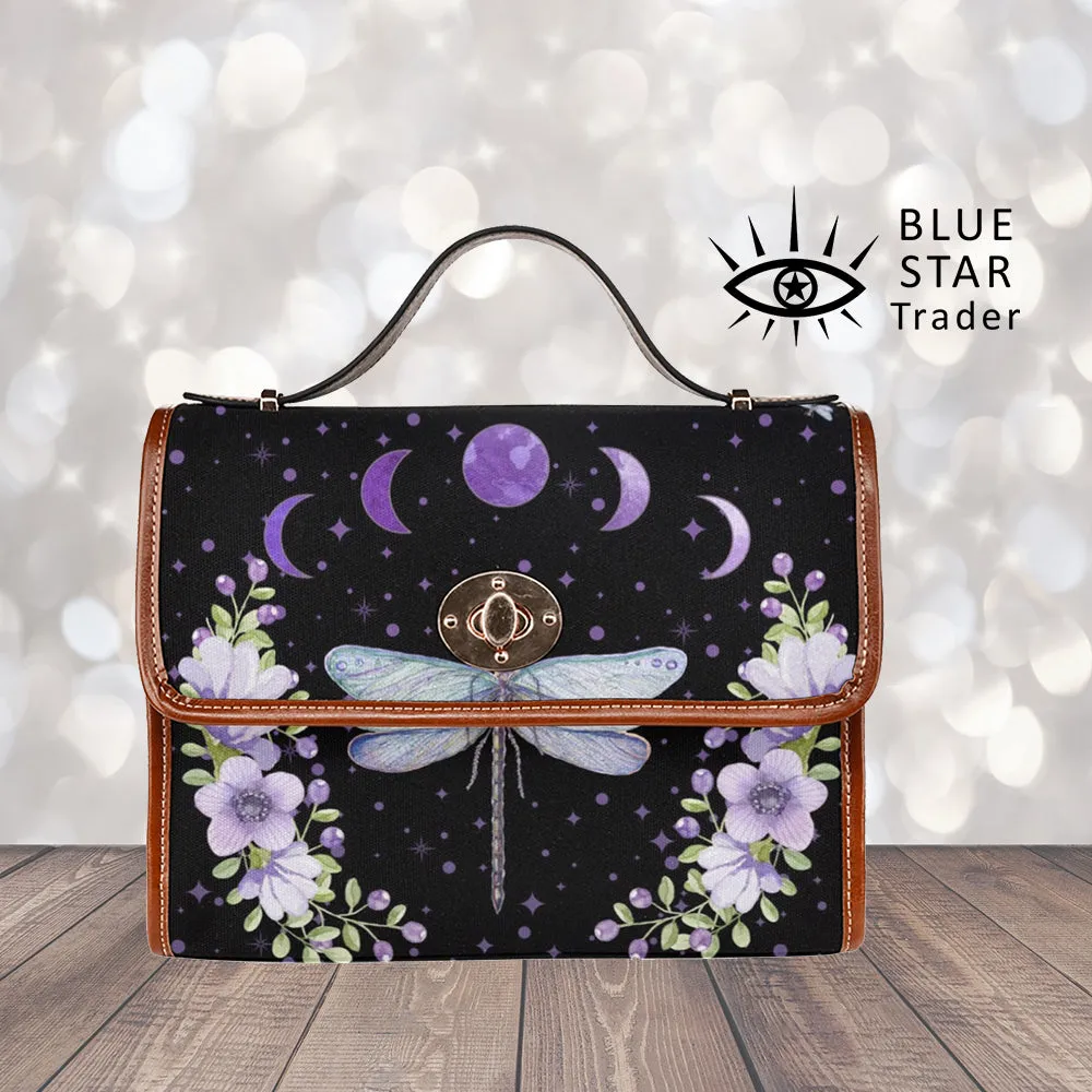 Purple Dragonfly Canvas Satchel bag, Cute Womens Purse Moon Phases