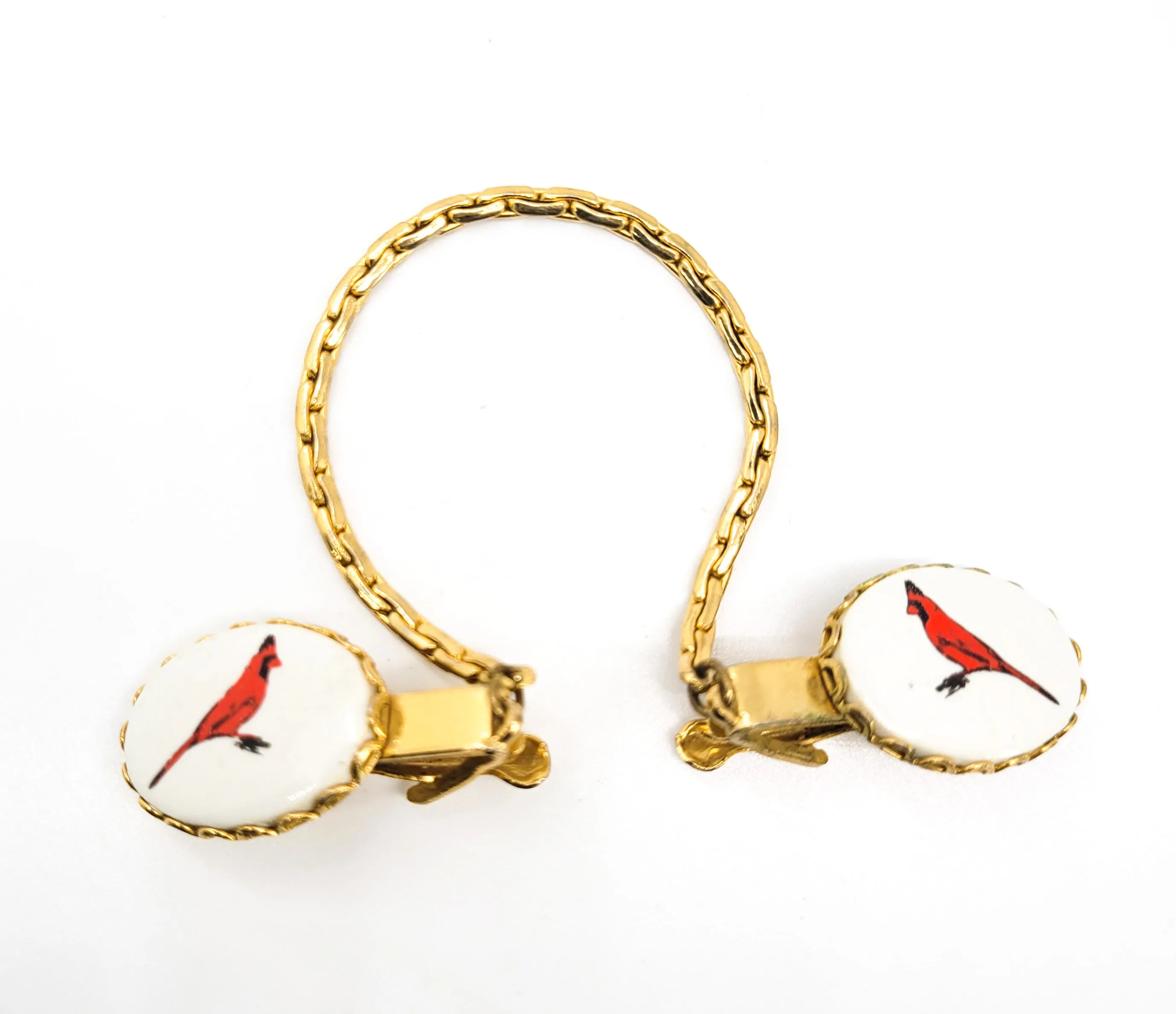 Red Cardinal vintage gold toned bird watcher sweater clips sweater gaurd