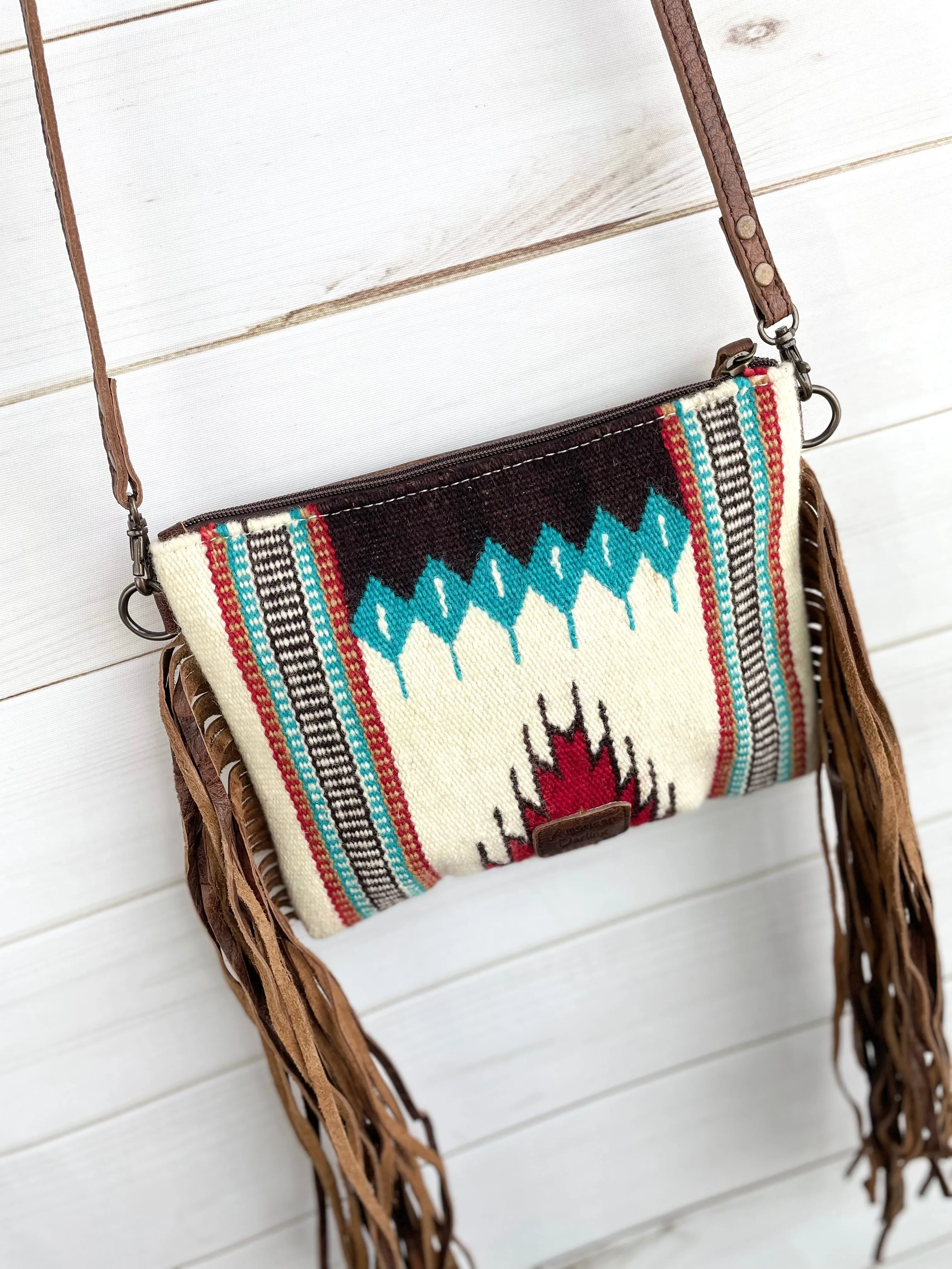 Red, Turquoise & Neutral Wool, Leather Tooled Fringe Medium Sz Handbag