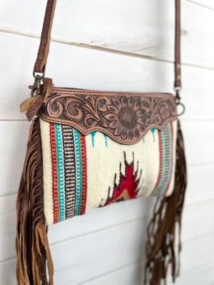 Red, Turquoise & Neutral Wool, Leather Tooled Fringe Medium Sz Handbag