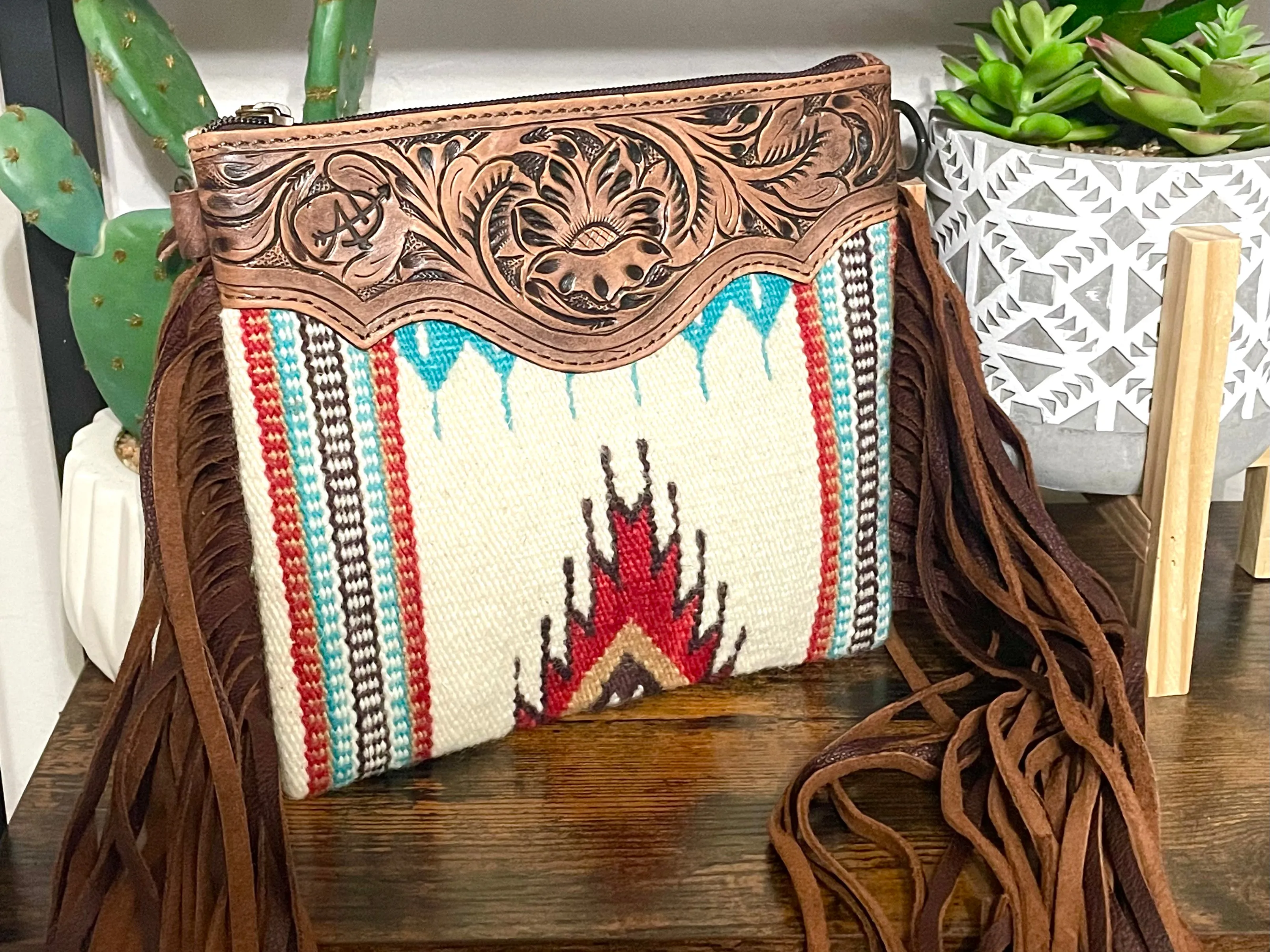 Red, Turquoise & Neutral Wool, Leather Tooled Fringe Medium Sz Handbag