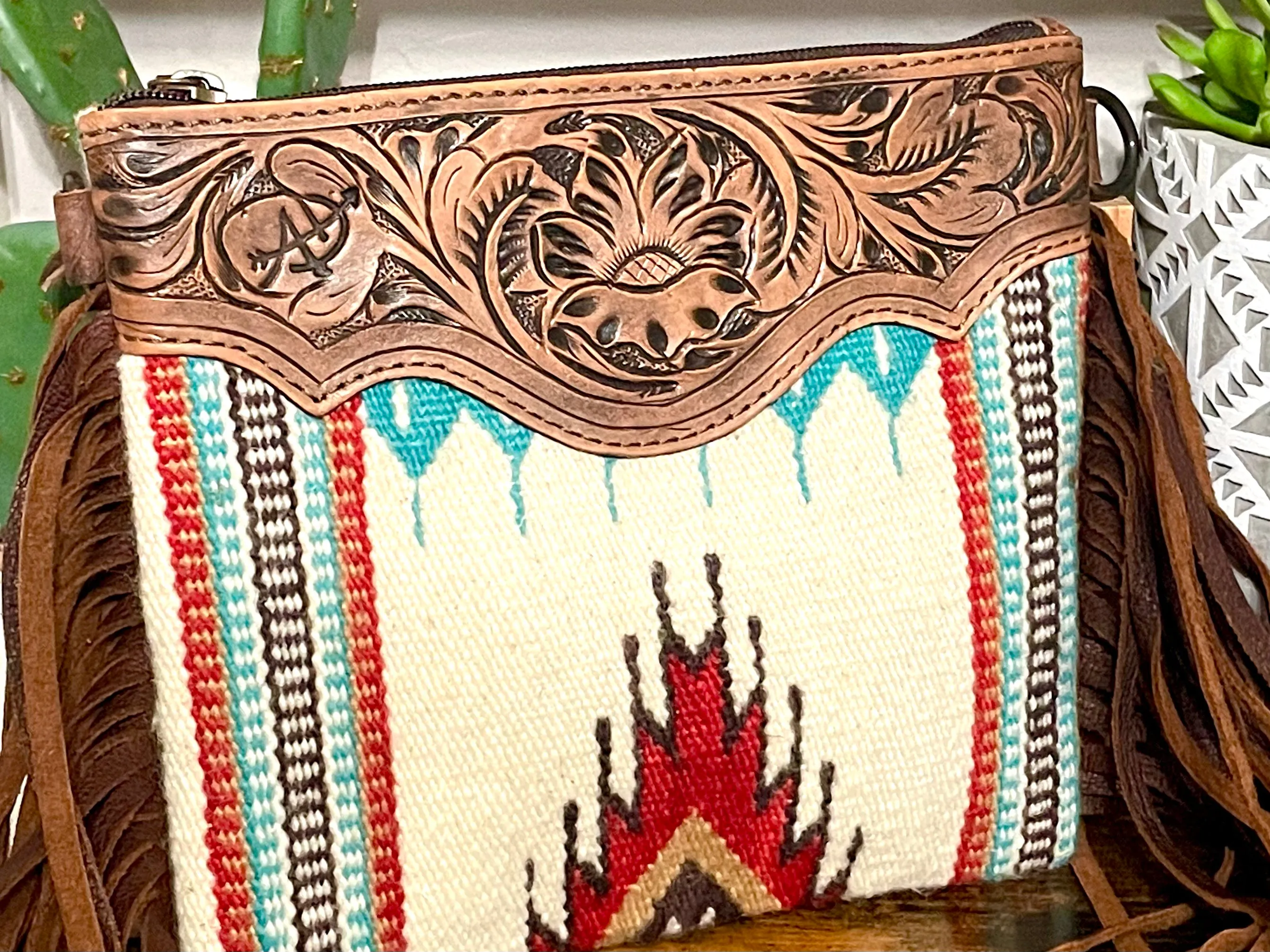 Red, Turquoise & Neutral Wool, Leather Tooled Fringe Medium Sz Handbag
