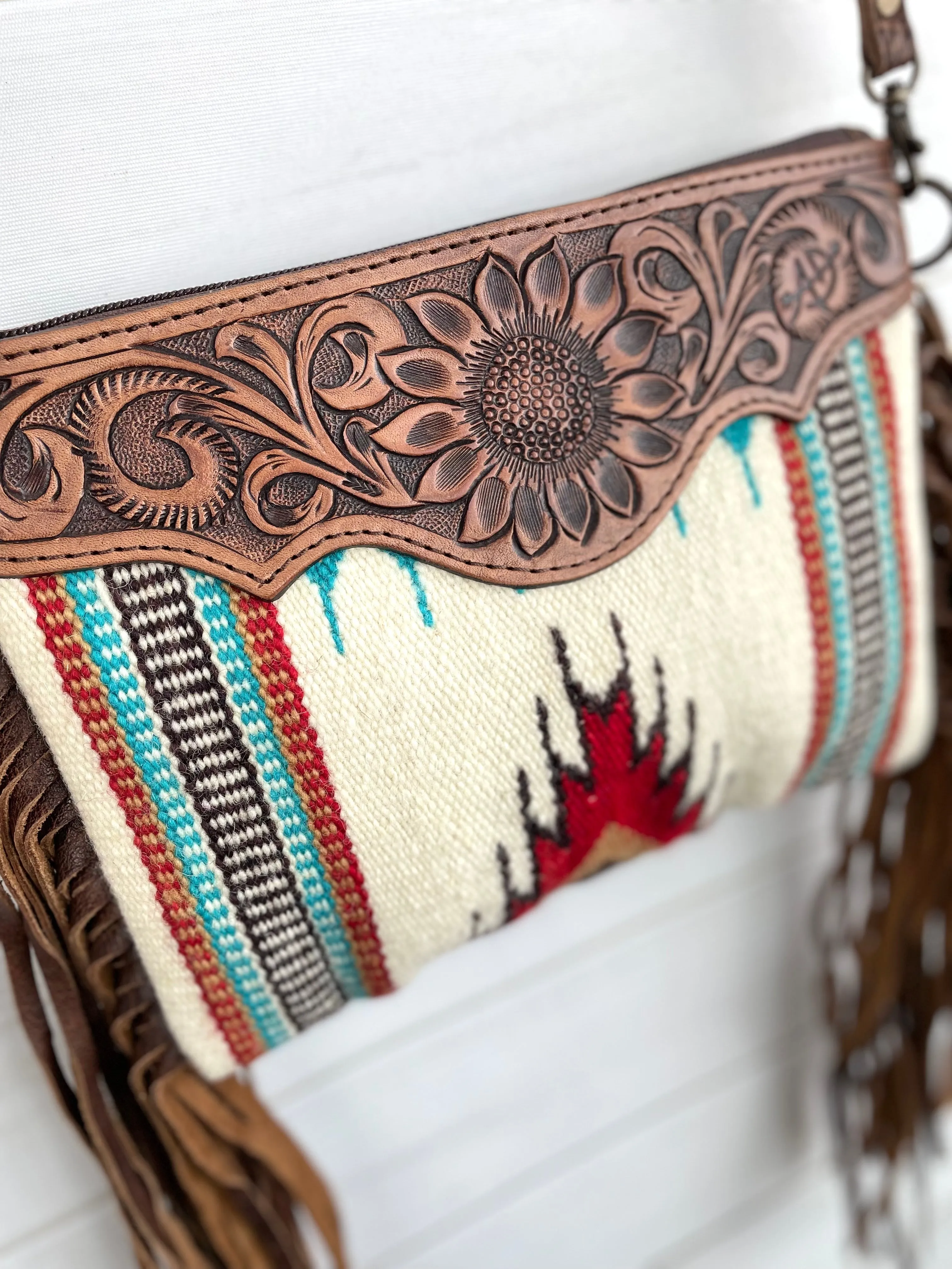 Red, Turquoise & Neutral Wool, Leather Tooled Fringe Medium Sz Handbag