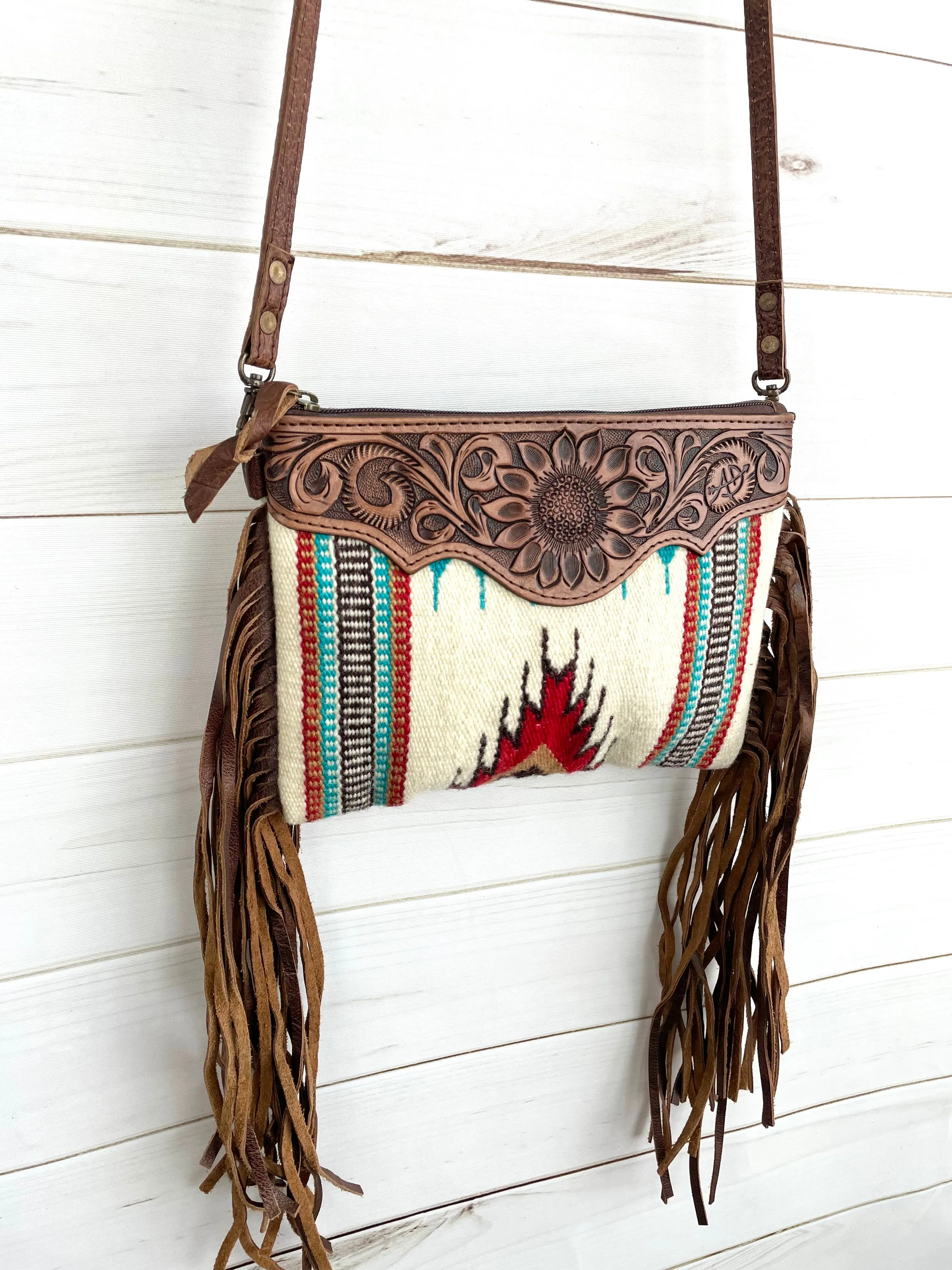 Red, Turquoise & Neutral Wool, Leather Tooled Fringe Medium Sz Handbag