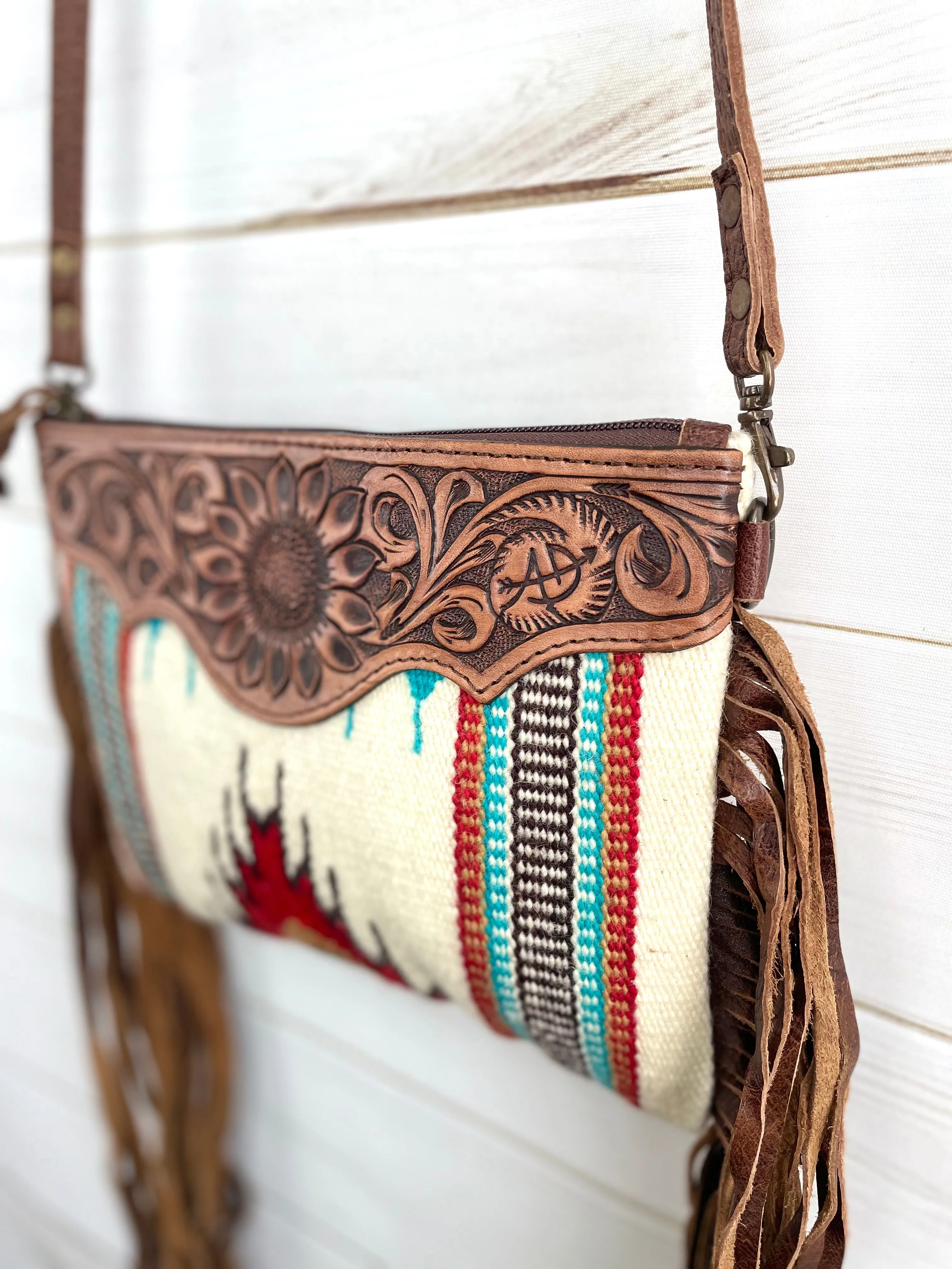 Red, Turquoise & Neutral Wool, Leather Tooled Fringe Medium Sz Handbag