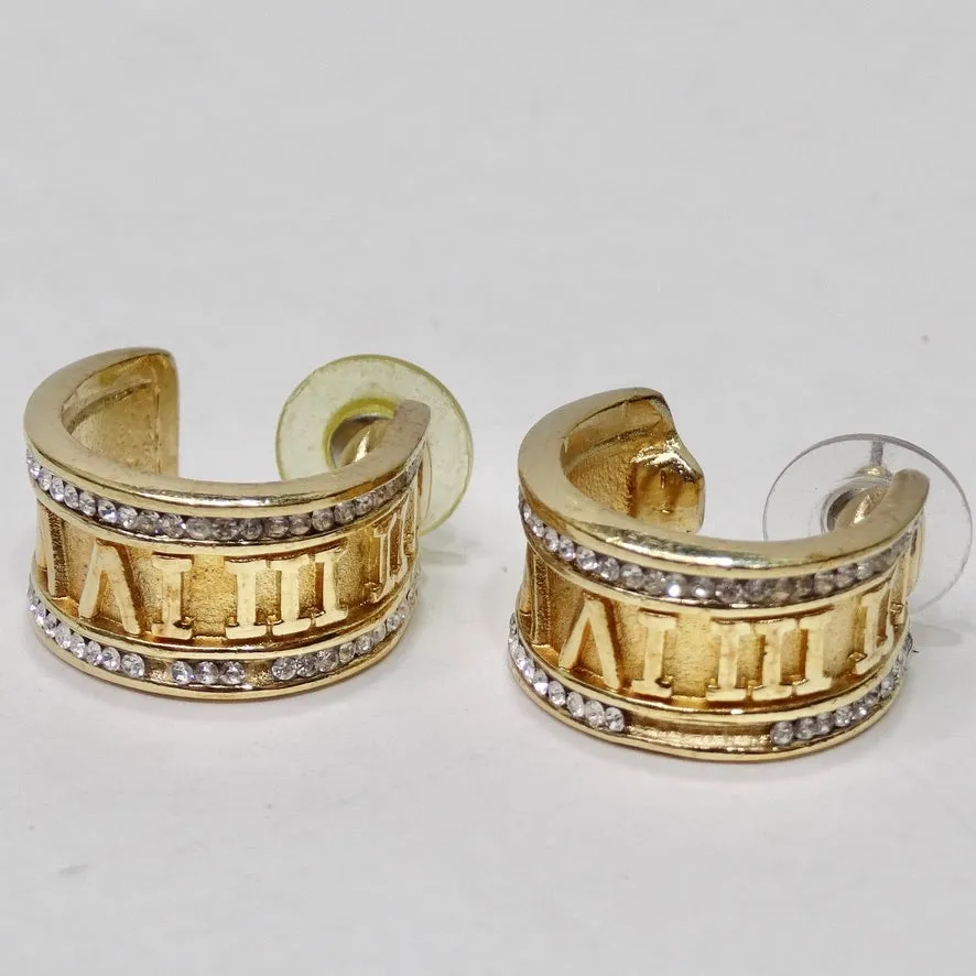 Rhinestone Gold Plated Roman Numeral Hoop Earrings