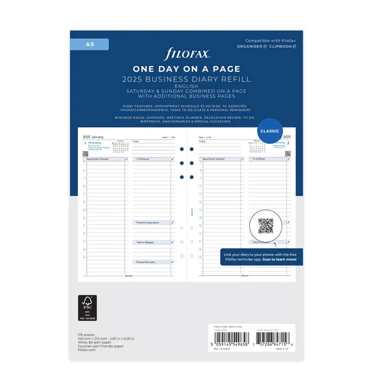 Ricambio Agenda Filofax Giornaliera Business A5 con Appuntamenti 2025