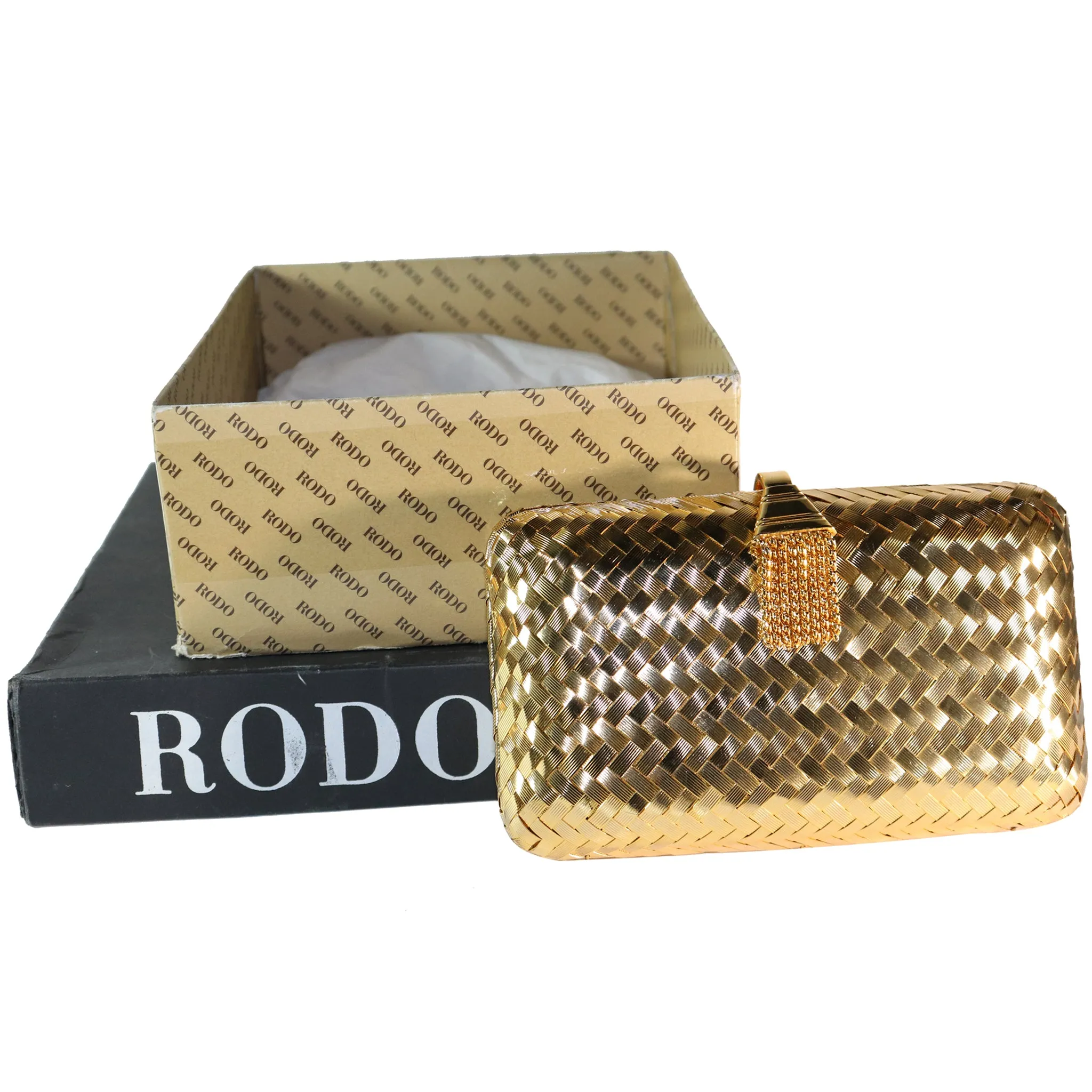 Rodo Golden Minaudière Handbag with Shoulder Chain