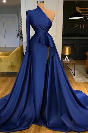 Royal Blue One Shoulder Long Sleeves Slit Prom Dress Overskirt