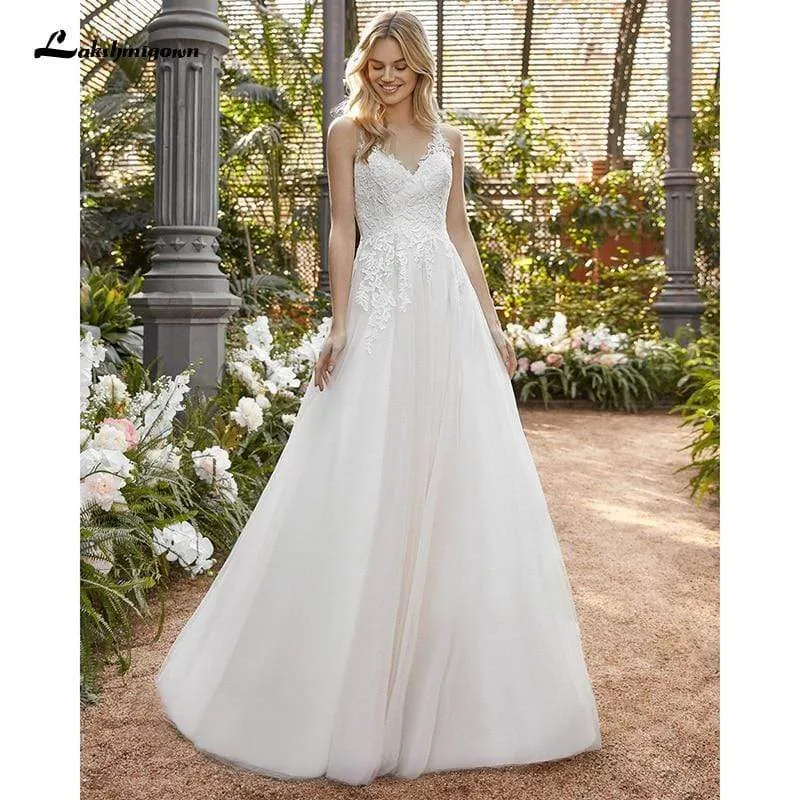 Roycebridal Elegant V-Neck Lace Top Backless Wedding Dress