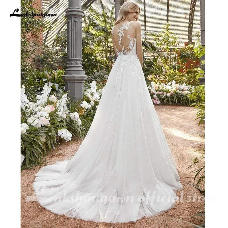 Roycebridal Elegant V-Neck Lace Top Backless Wedding Dress