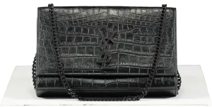 Saint Laurent Black Crocodile-embossed Leather Logo Crossbody / Shoulder Bag