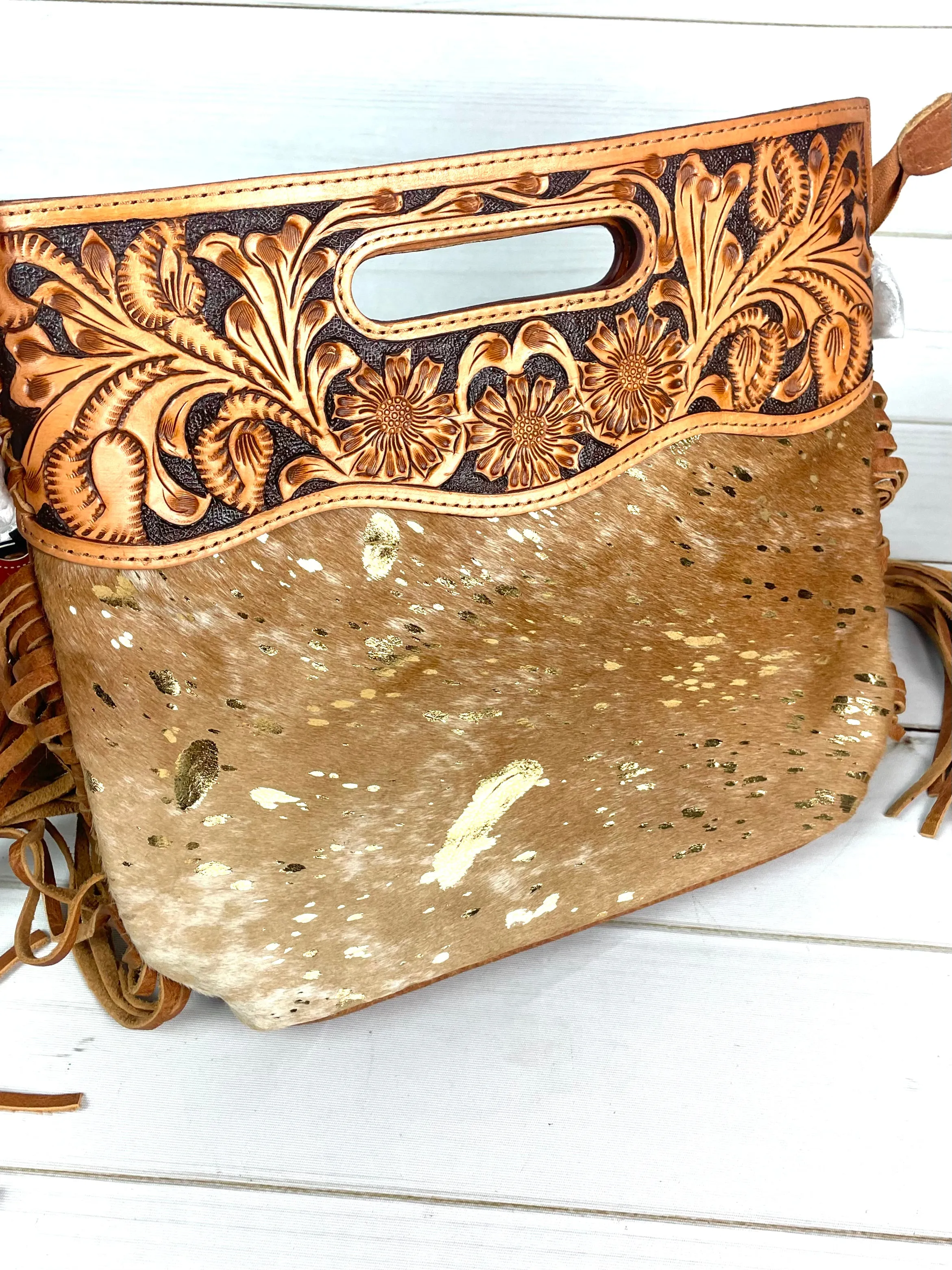 SALE! Tan Hide Gold Fleck Tooled Handle Fringe / Crossbody Handbag