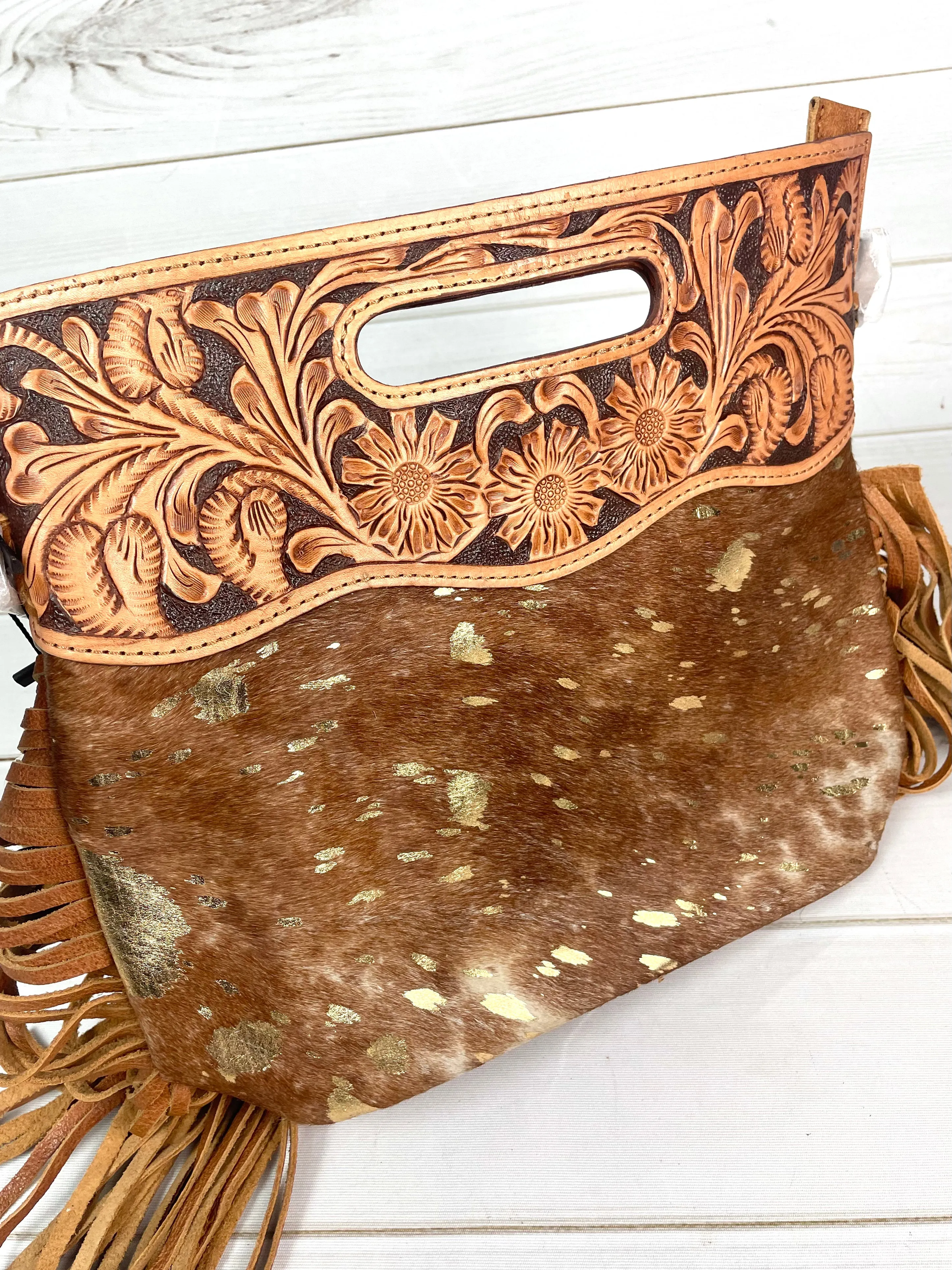 SALE! Tan Hide Gold Fleck Tooled Handle Fringe / Crossbody Handbag