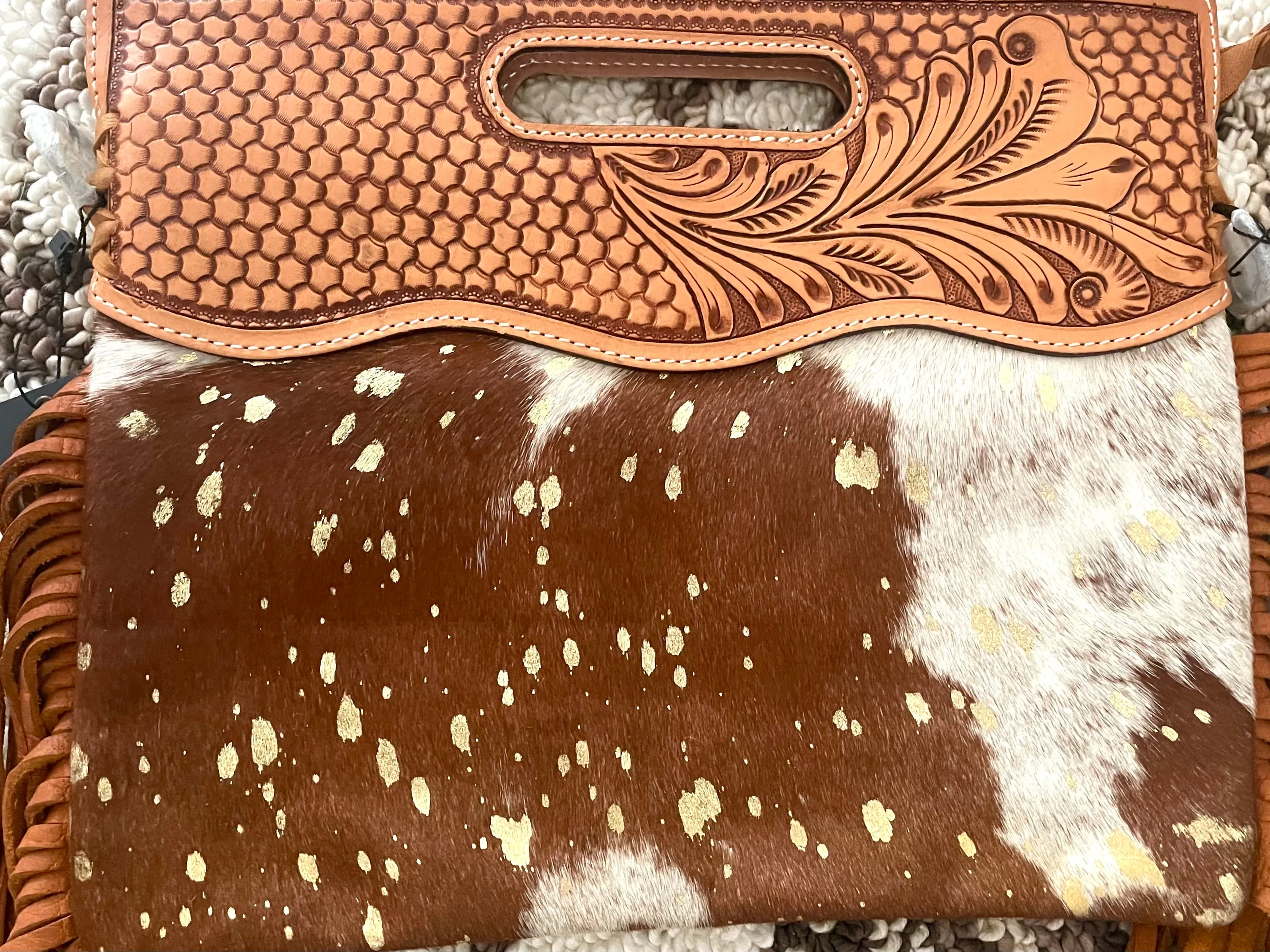 SALE! Tan Hide Gold Fleck Tooled Handle Fringe / Crossbody Handbag
