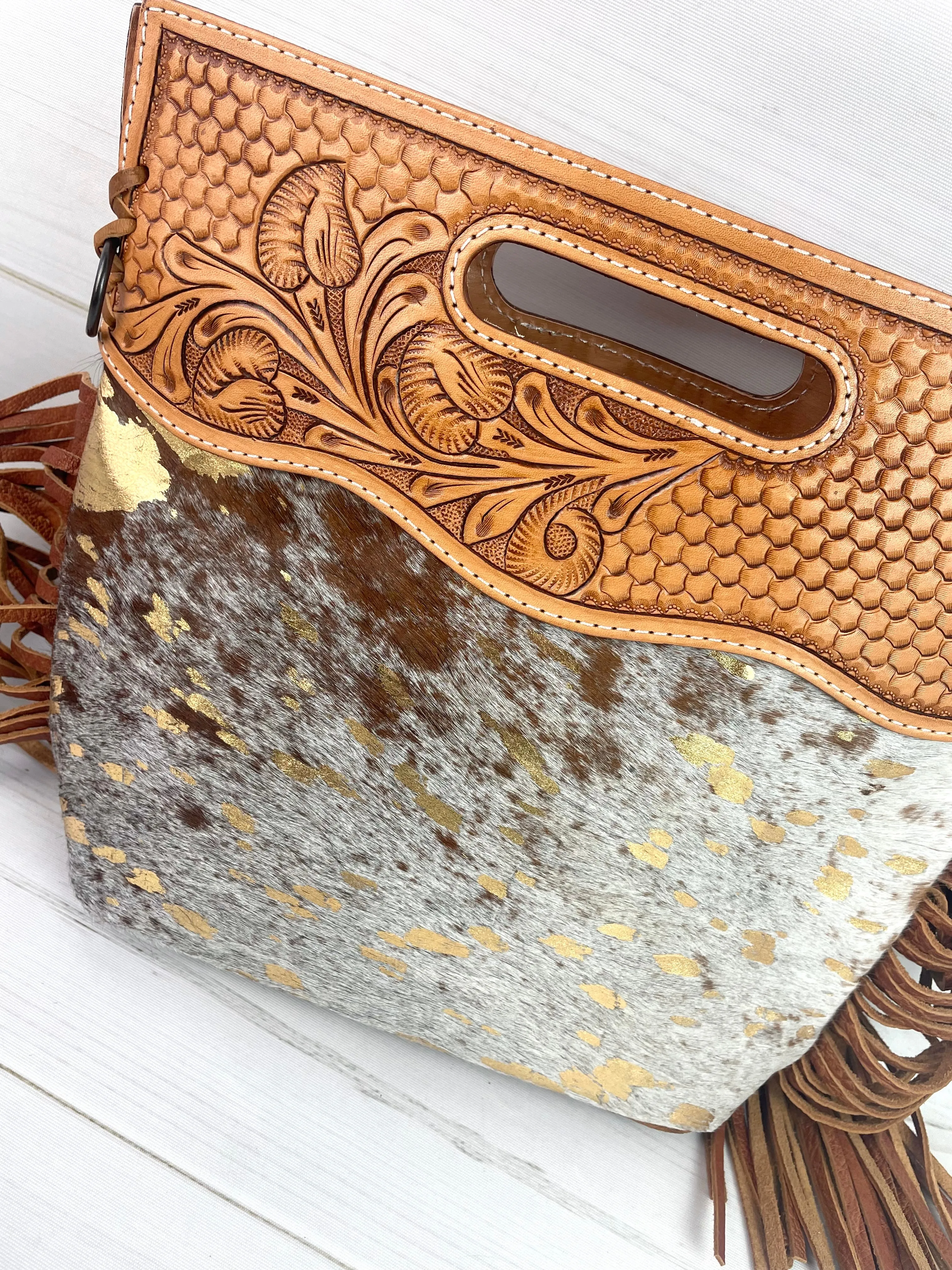 SALE! Tan Hide Gold Fleck Tooled Handle Fringe / Crossbody Handbag