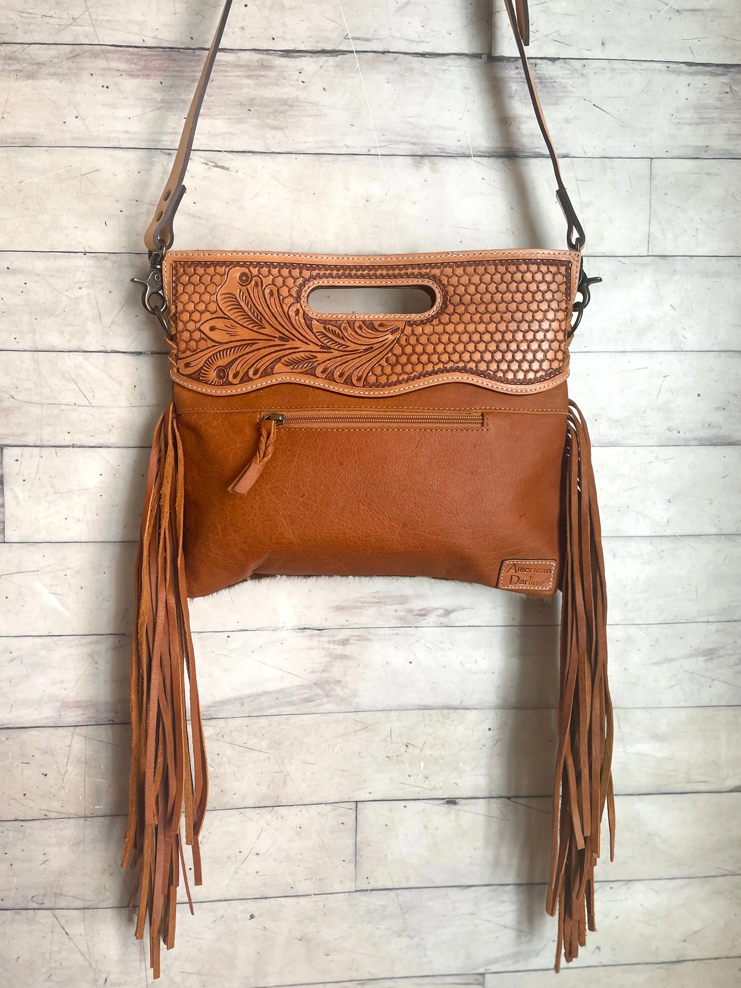 SALE! Tan Hide Gold Fleck Tooled Handle Fringe / Crossbody Handbag