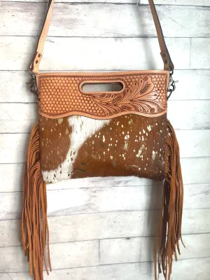 SALE! Tan Hide Gold Fleck Tooled Handle Fringe / Crossbody Handbag