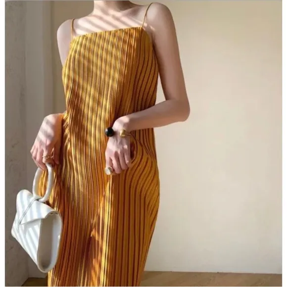 Satin Pleated Midi Length Slip Dress