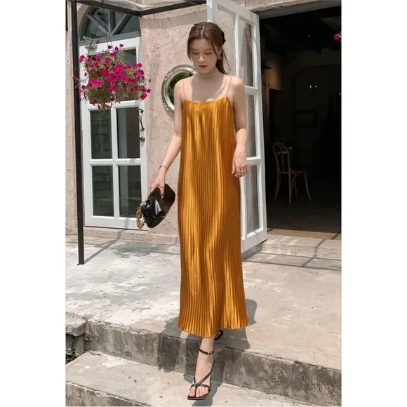 Satin Pleated Midi Length Slip Dress