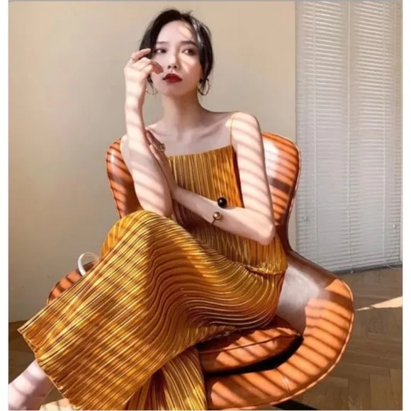 Satin Pleated Midi Length Slip Dress