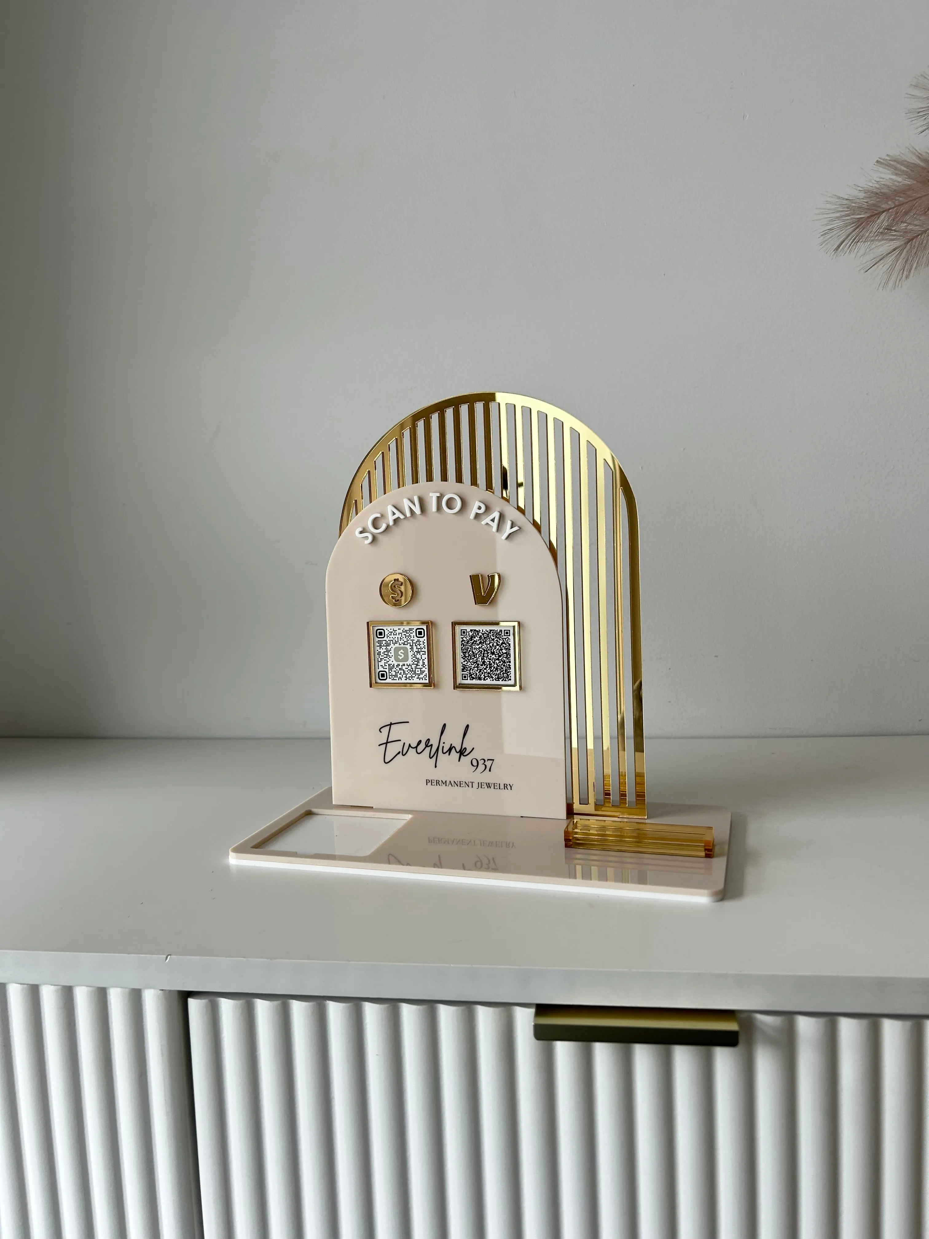 Scan to Pay, Double Arched, Square   2 QR’s, Card Holder and Logo