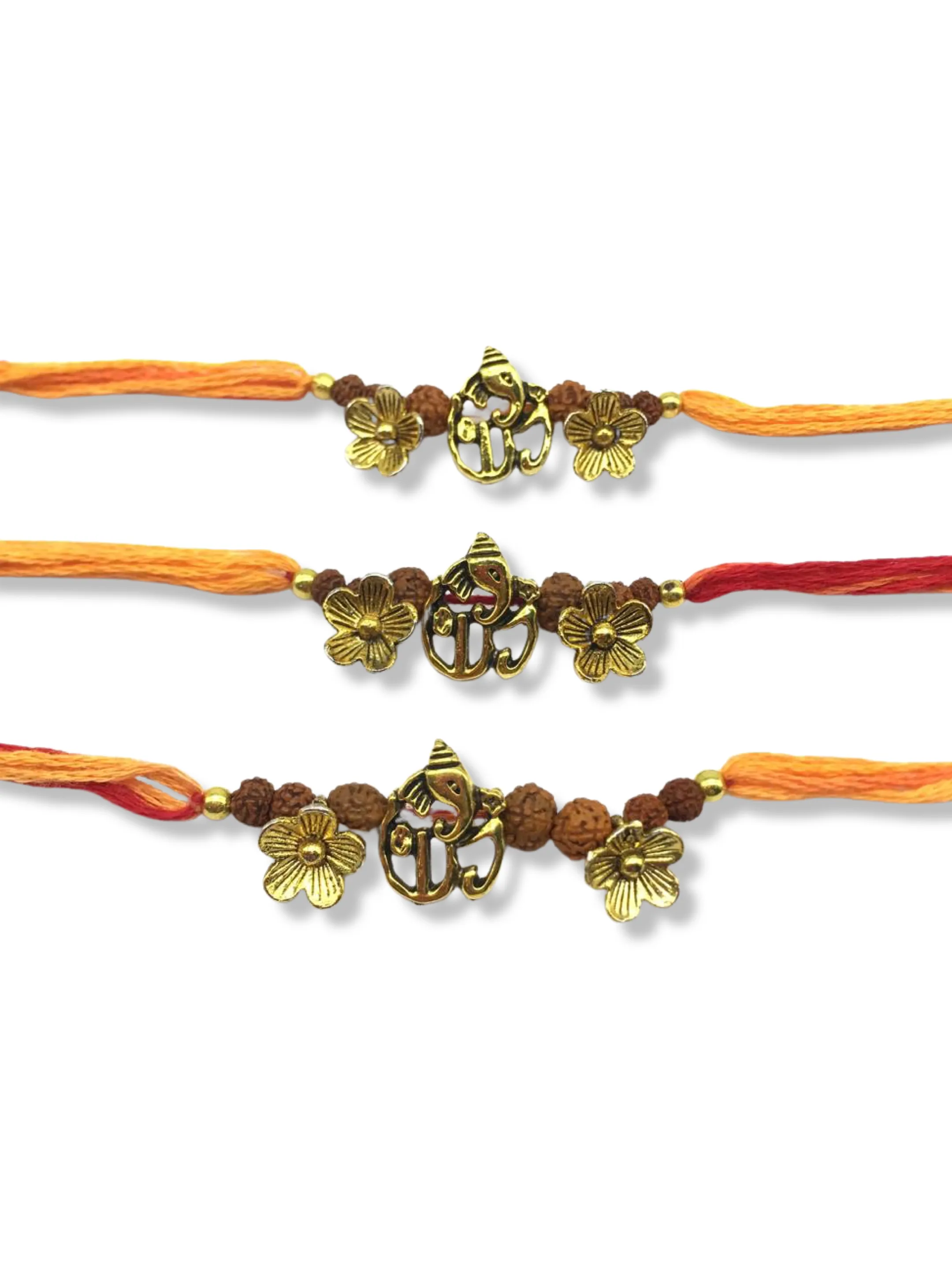(Set of 3) Ganesh Ji Rakhi for Men Gold Flower Rudraksha Beads Rakhi