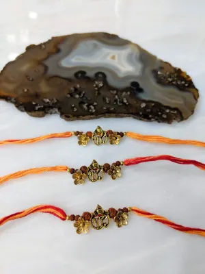 (Set of 3) Ganesh Ji Rakhi for Men Gold Flower Rudraksha Beads Rakhi