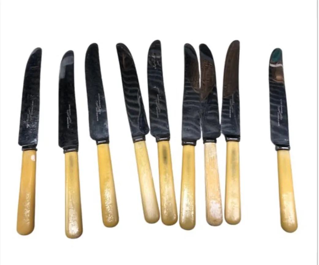 Set Of Nine Faux Bone Handled Knives, Stainless Steel Flatware, Sheffield Made