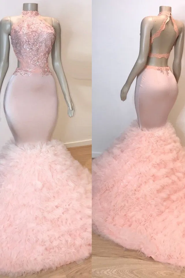 Sexy Chiffon High Collar Mermaid Prom Dress Sequins Pink Long