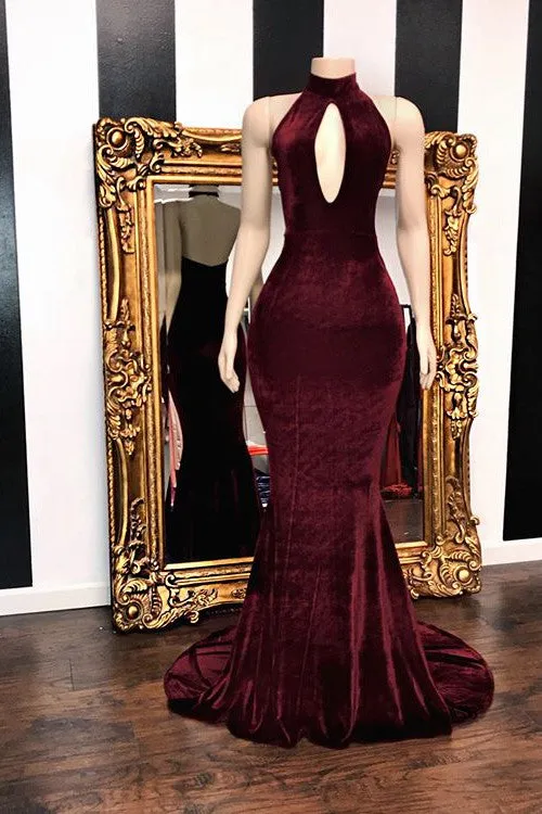 Sexy Halter V-neck Mermaid Prom Dress Burgundy Long Chiffon