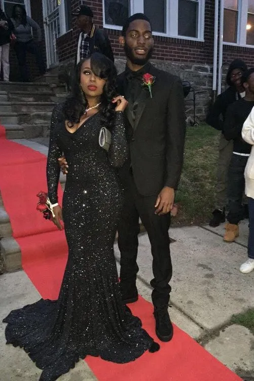 Sexy Long Sleeves Black Mermaid Prom Dress Sequins V-neck Long
